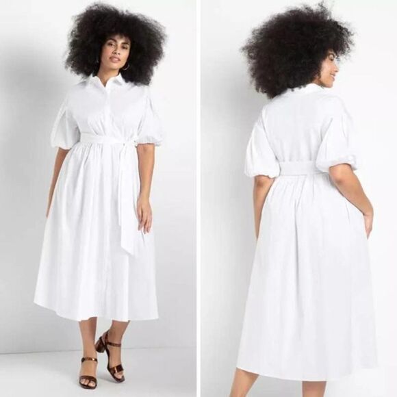 NEW Eloquii white Puff Sleeve Button Down Dress, 16 - Picture 2 of 15